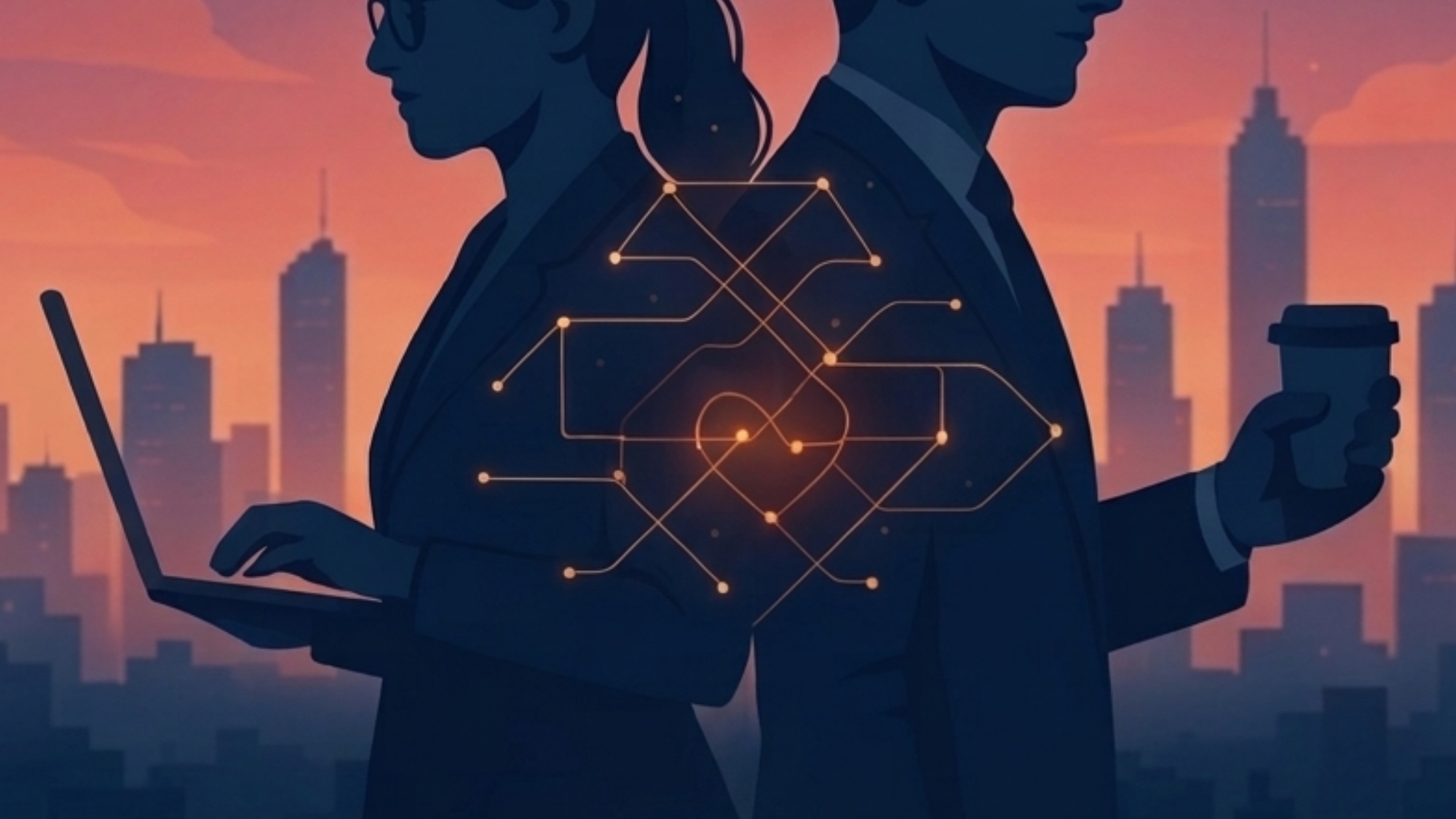 Concept image for The Algorithm of Us — two figures in warm spotlight against a backdrop of glowing app interfaces. Playful, contemporary, culturally specific.